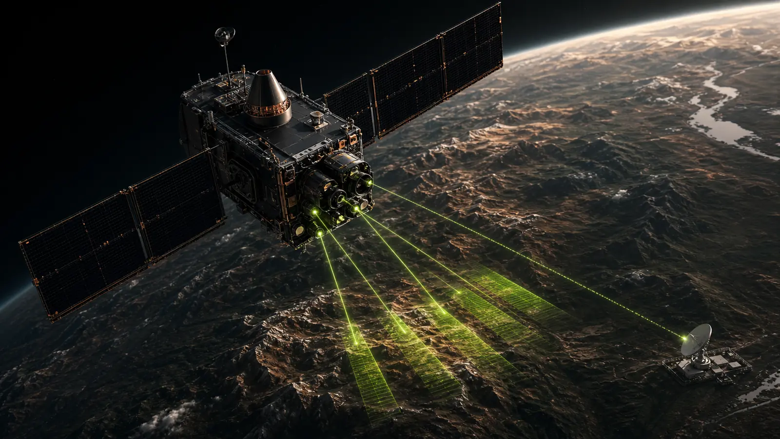 Illustrative Earth-observation satellite transmitting remote-sensing swaths over mountainous terrain to a ground station.
