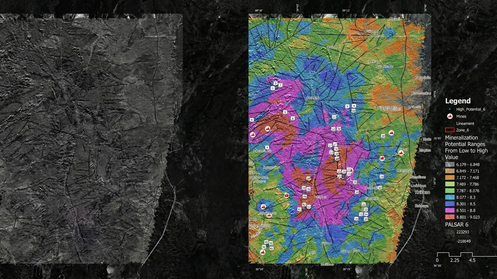 A raw remote-sensing view shown beside a coloured mineral prospectivity decision layer for the same region.