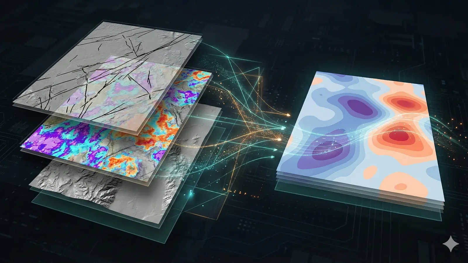 A conceptual stack of geological and remote-sensing evidence layers converging into an integrated decision surface.