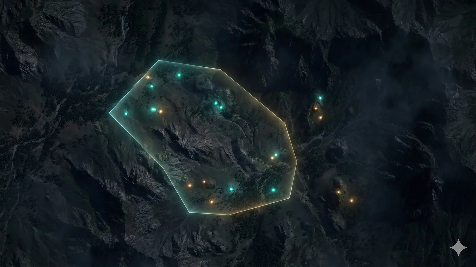 Satellite terrain with a defined area of interest and observation points for regional exploration screening.